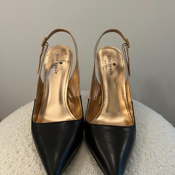 Kate Spade Black Leather Gold Slingback Pointed Toe Pumps – US 8 - Picture 2 of 7